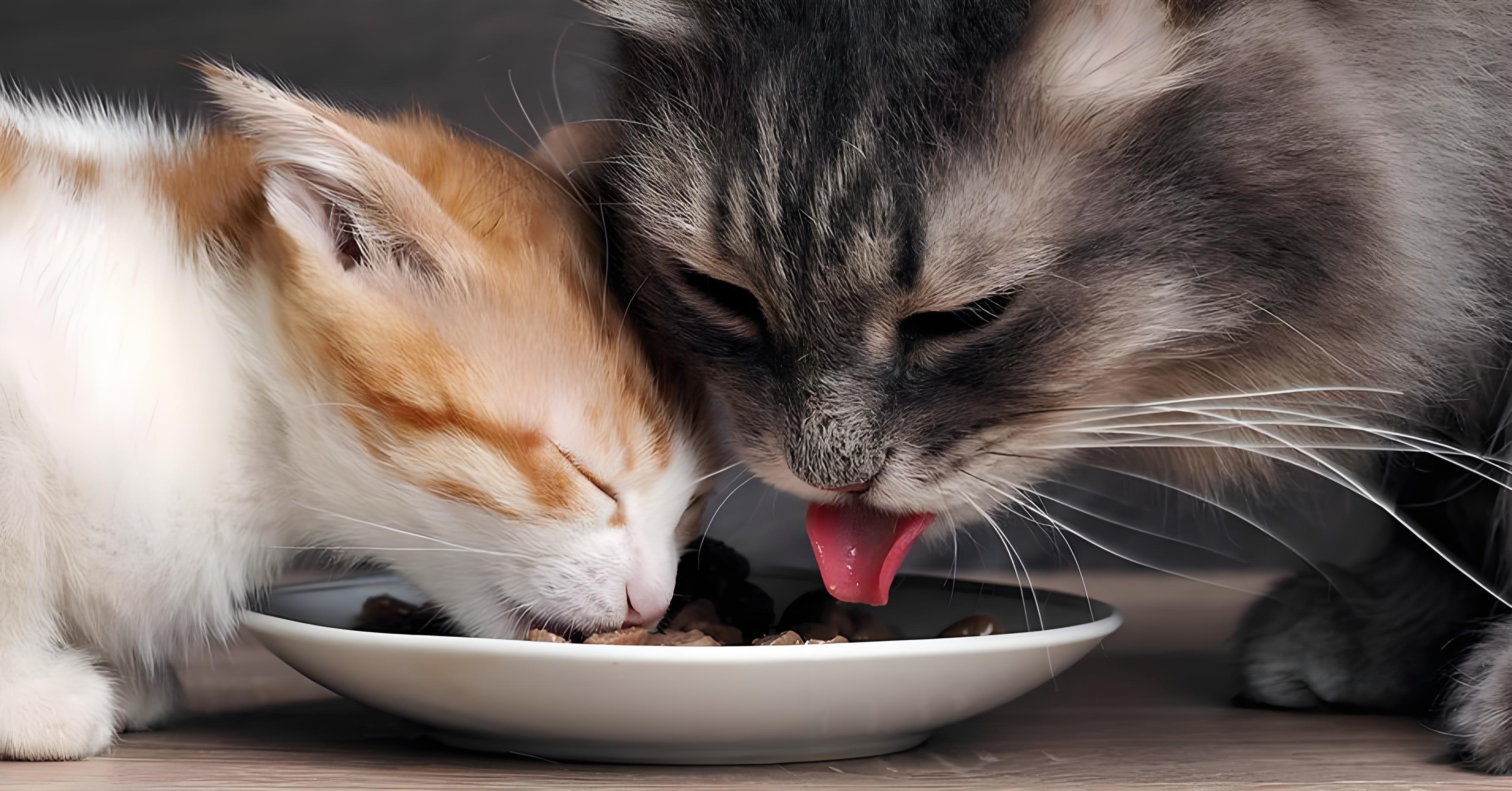 Two cats eating together from one bowl